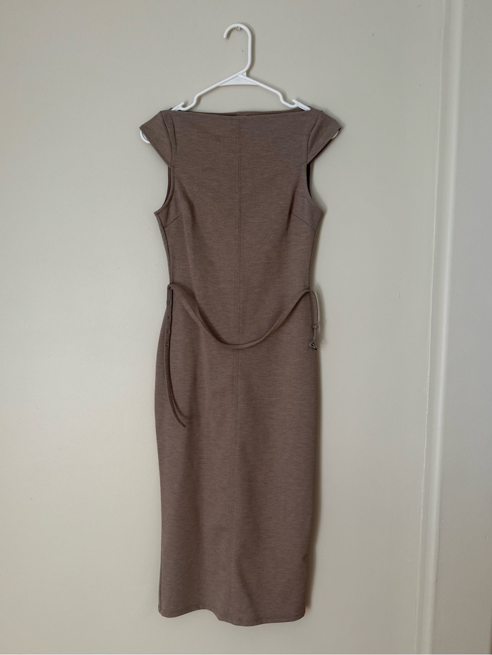 H&M Taupe Cap-Sleeve Midi Dress with Waist Tie